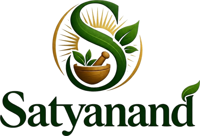 The Satyanand emblem: a leaf-shaped S, a rising sun and a mortar and pestle